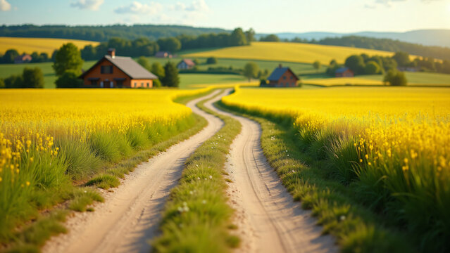 Golden Field Path Leading to Village