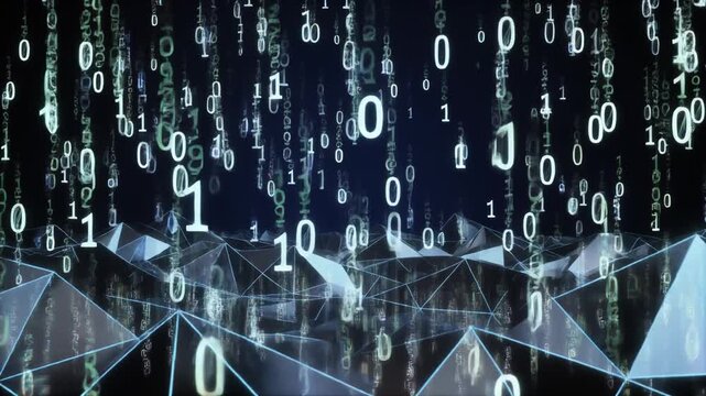 Digital Rain Binary Code Falling on Futuristic Wireframe Landscape