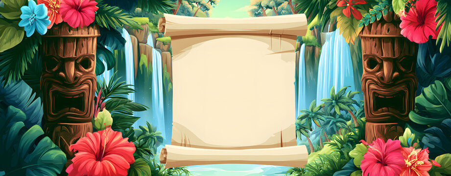Tropical luau background with tiki statues and hibiscus flowers. An exotic jungle landscape features waterfalls and palm trees. An empty parchment frame sits between wooden totems for a summer party i