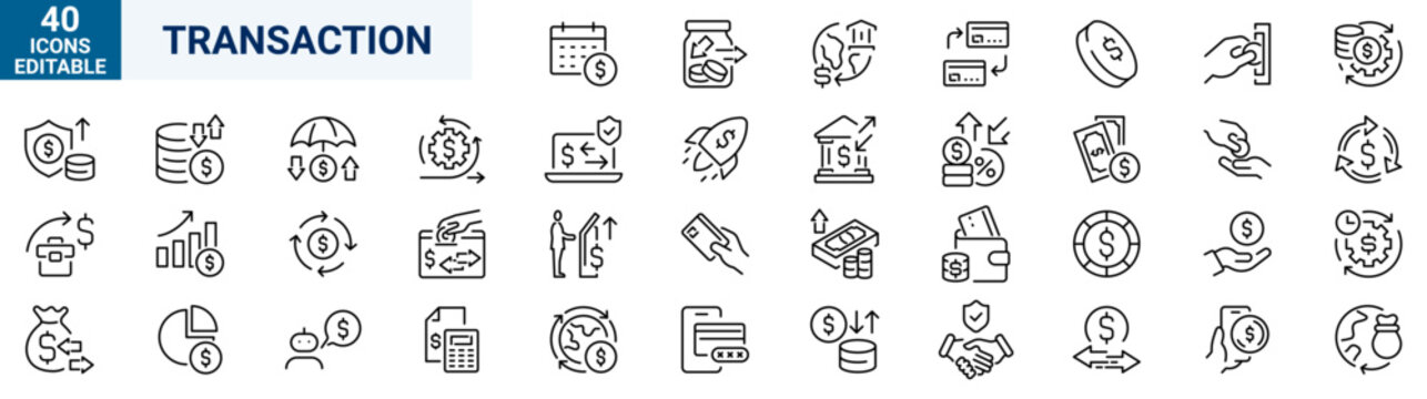 Transaction Icon Set in Linear Style. Collection of Cash Flow line icon, including transactions, money, banking, cash, bank, payment, exchange, business, financial, card and more. Editable stroke