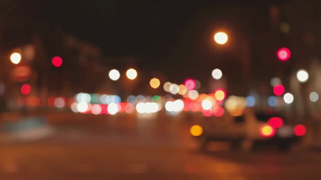 Defocused city traffic lights glow along a nighttime urban roadway with warm pavement reflections. Urban title, nightlife promotion, and transportation presentation.