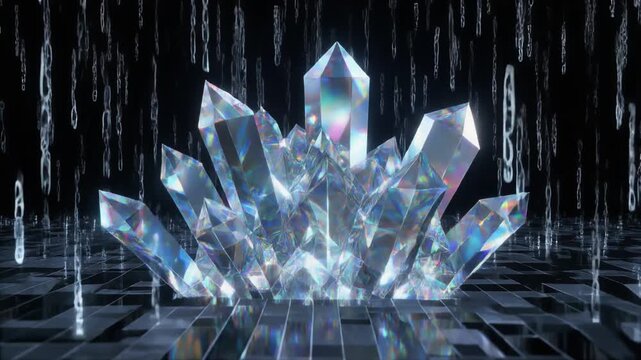 Shining Crystal Cluster in Digital Matrix, Futuristic Technology Background