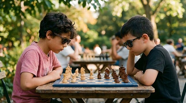 Two young boys intently focused on a chess game outdoors in a lush garden setting