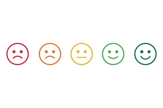 Five Stages of Emotion: A spectrum of five emoji faces, ranging from a frowny red face to a joyful green smile, visually represent the gradient of human sentiment and emotional feedback.