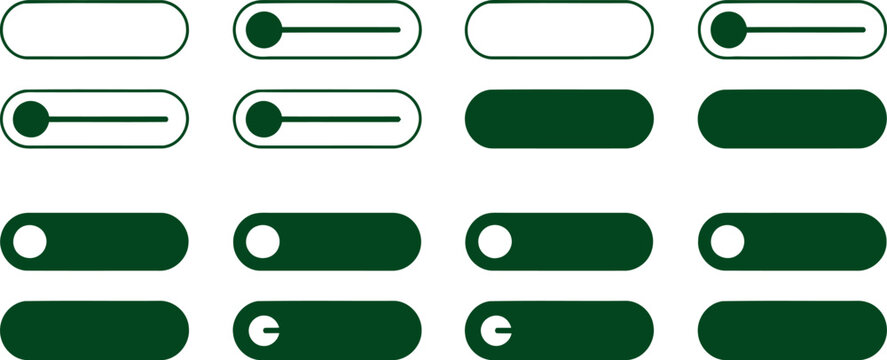 Collection of dark green toggle switch icons featuring various slider positions, empty frames, and filled button states.
