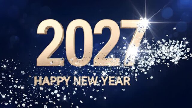 2027 HAPPY NEW YEAR text with shiny silver diamond crystals sweeping across the screen over a dark blue glowing background