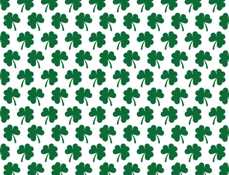 Charming Saint Patrick Day green shamrock clover leaf vector pattern on a clean white background. Ideal for seasonal greetings Irish culture celebrations spring designs and festive wrapping paper.