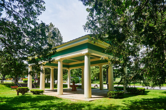 Congress Spring pavilion located in Congress Park in Saratoga Springs, New York.