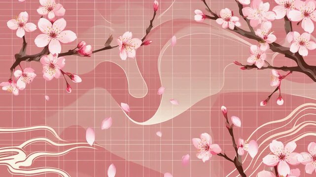 Pink Cherry Blossom Branches with Falling Petals, Abstract Japanese Spring Background
