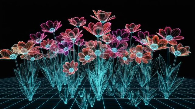 Glowing Neon Wireframe Flowers on Grid Background, Abstract Digital Garden Bloom
