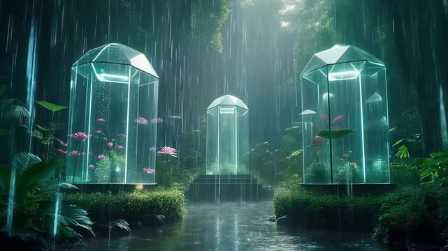 Rainy Forest Terrariums Futuristic Botanical Ecosystems in Nature