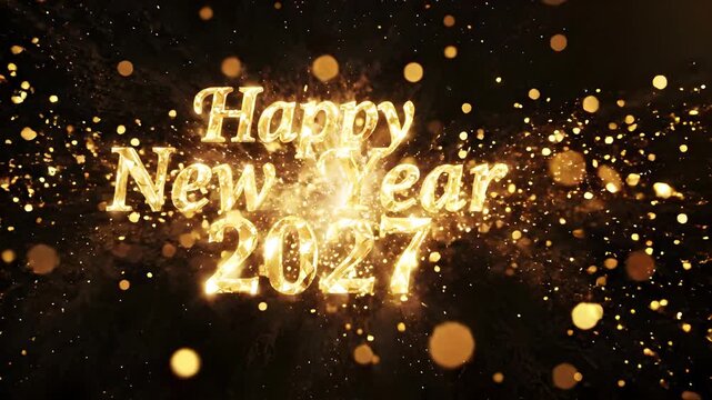 Happy New Year 2027 text emerging from an exploding cluster of golden crystal gems with glowing bokeh dots on dark background