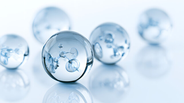 An abstract depiction of molecular configurations within transparent spheres on an immaculately white backdrop, representing scientific investigation and advancement