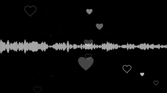 Audio visualizer animation, white waveform spectrum line, Digital frequency equalizer sound signal visualization on black background, heart particle ideal for music visualizations 4k