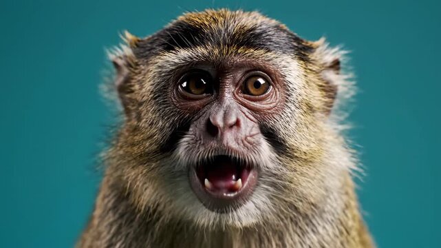 Close up monkey expression on blue background portrait animal face