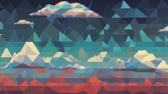 Abstract Geometric Low Poly Landscape with Clouds and Mountains