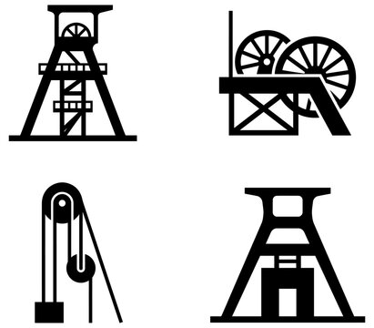 Mine shaft hoist black silhouette icons set vector perfect for mining and industrial design elements.
