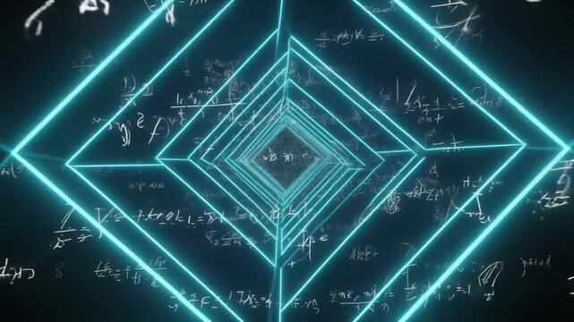 Abstract Neon Tunnel with Mathematical Formulas on Dark Background