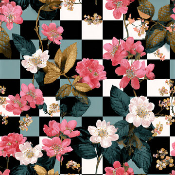 Floral Pattern with Pink and White Blossoms on Checkered Background for Design