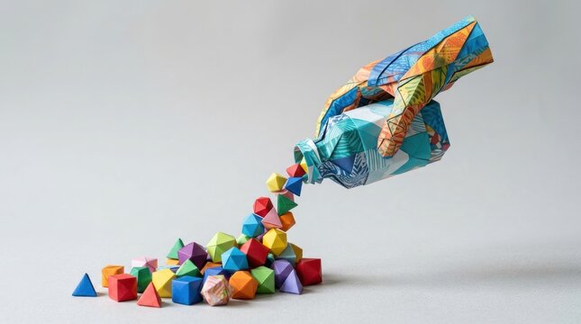 Origami bottle pouring out colorful geometric shapes onto a flat surface medical science