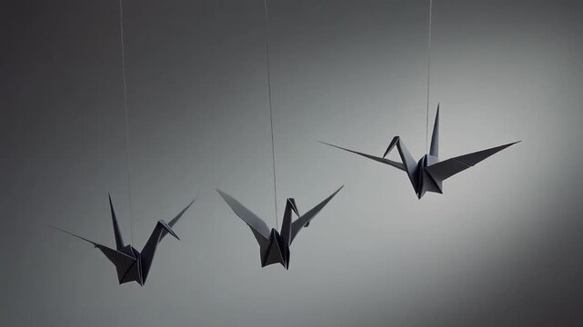 Three Black Origami Cranes Hanging Gracefully Against a Soft Grey Background