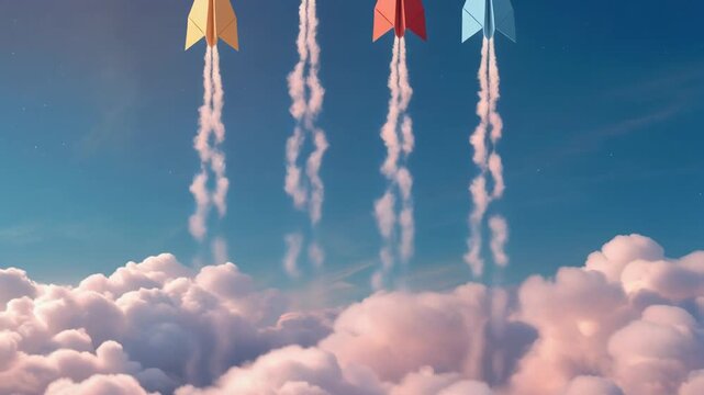 Colorful Paper Airplanes Launching into Cloudy Sky, Business Startup Concept