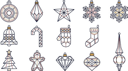 Fototapeta premium Geometric Christmas ornaments on white background vector illustration festive celebration