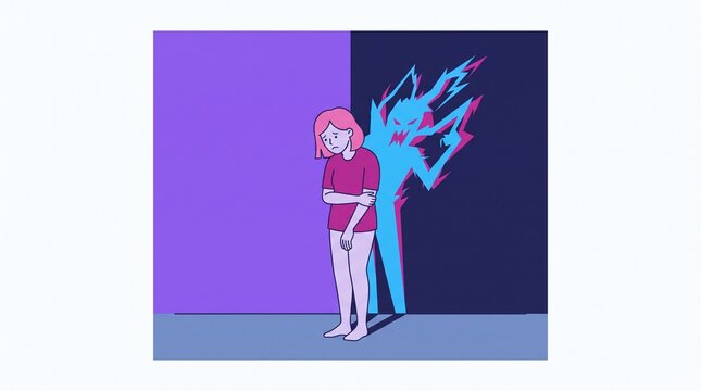 Girl afraid of ghostly digital figure