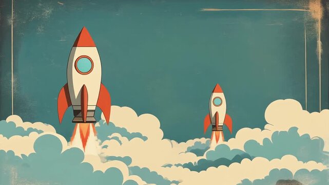 Retro Rockets Launching Through Clouds, Space Travel, Future Business Growth