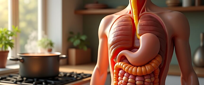 Human torso with internal organs and lungs, anatomical study set in a home kitchen for health and wellness concepts.