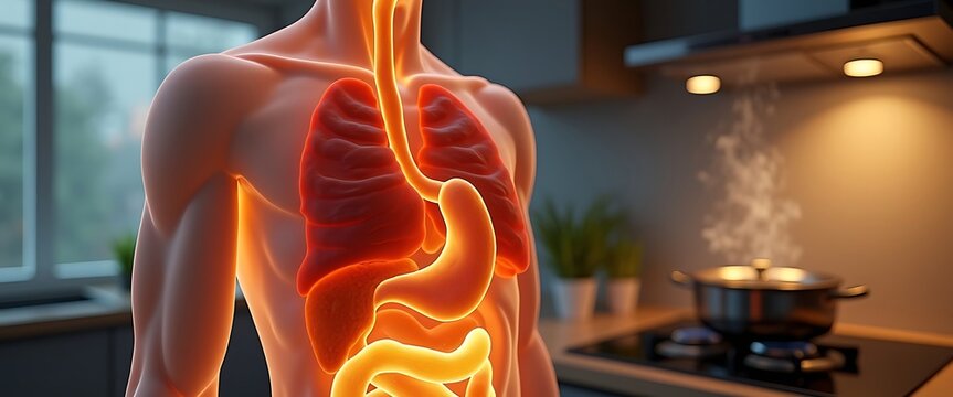 Glowing internal human organs including lungs and digestive tract, concept for health, wellness and medical science visualization.