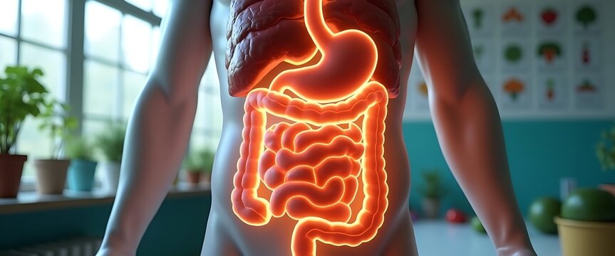 Close-up of glowing human digestive organs and lungs, medical science visualization for body health and dietary awareness.