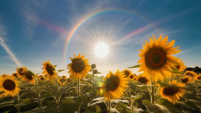 Vibrant Sunflower Field Under Sun Halo and Rainbow, Golden Hour