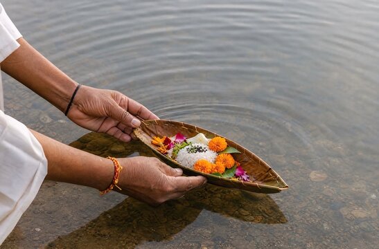 Hands placing traditional pitru paksha leaf boat in holy water