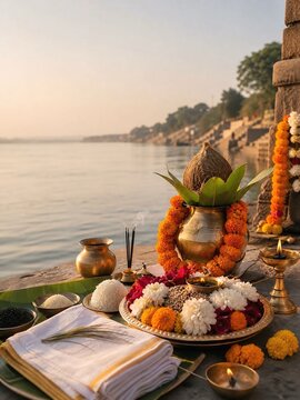 Devotee offering rice and flowers in river for pitru paksha