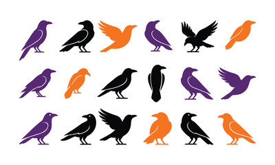Obraz premium Set of black orange and purple raven bird silhouette icons