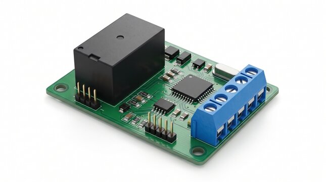 Electronic relay module with microcontroller, green circuit board with blue terminal block, industrial automation hardware components