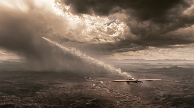 1058. A realistic photo of a massive cloud-seeding drone flying over a drought-stricken valley. Fine water-vapor trial dispersing into the atmosphere, dramatic rain clouds forming, wide-angle 