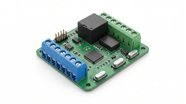 Electronic relay module on green circuit board, industrial PCB controller with terminal blocks, automation hardware component