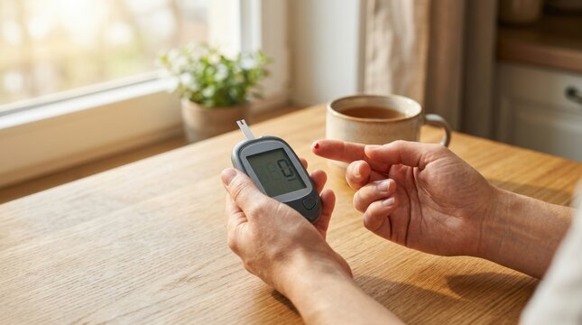 Person using a glucose meter to check blood sugar level at a wooden table medical science