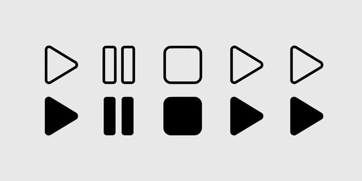 Set of black and white media player control icons including play, pause, and stop buttons on a light gray background.
