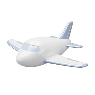 Glossy white toy airplane with light blue wings isolated on white background, modern aviation concept, playful travel icon, sleek 3d transportation.