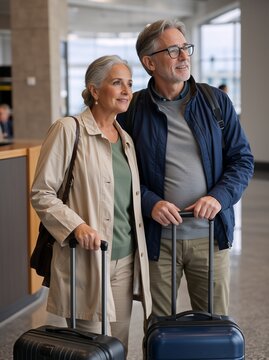 Senior Caucasian couple with suitcases in airport terminal. Happy mature man and woman traveling together. Retirement vacation concept