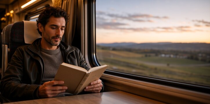 Young Caucasian man reading a book on a train at sunset. Male passenger enjoying a quiet journey with a scenic countryside view