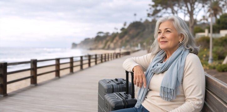 Senior woman sitting on a bench with luggage on a beach boardwalk. Mature female traveler waiting by the ocean with suitcases. Retirement vacation concept