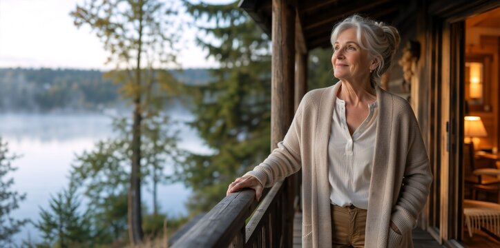 Senior woman standing on a wooden cabin balcony looking at a lake. Mature female enjoying a nature retreat in the forest. Retirement vacation getaway