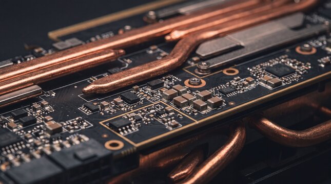 computer hardware close-up, close-up of a gpu board showcasing intricate circuitry and copper heat pipes
