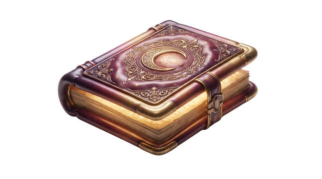 Glossy mystical spell book with a burgundy cover, golden details and softly illuminated pages, isolated on white background.