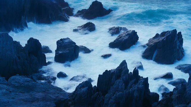 Crashing Waves on Rocky Coastline, Blue Ocean Sea Water Splashing Against Jagged Rocks