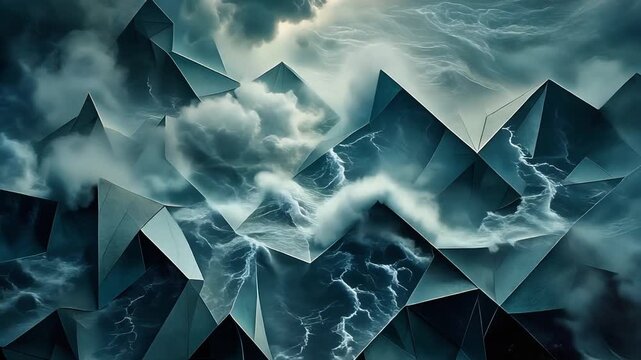 Abstract Geometric Landscape with Stormy Sky and Lightning